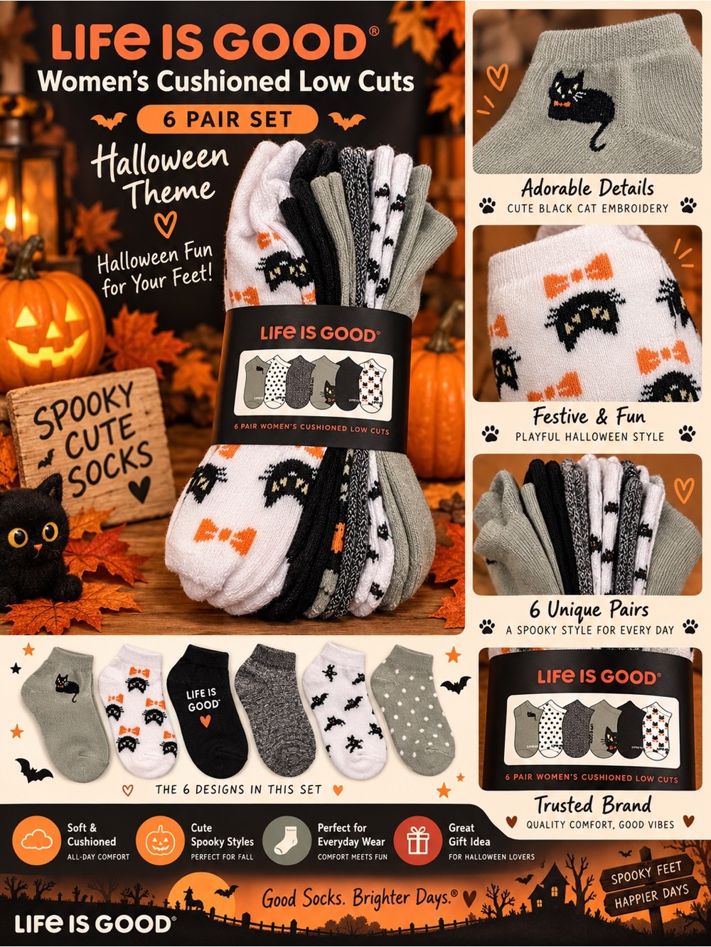NWT Life Is Good Low-Cut Socks in Light Gray with Black Cat Embroidery